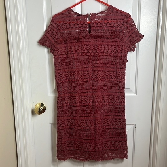 Anthropologie Zero to Sky Fringed Lace Boho Burgundy Tunic Dress Size Small - Picture 3 of 13